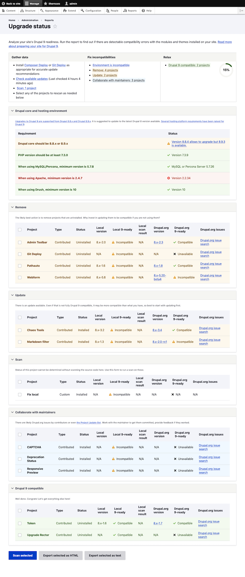 Upgrade Status admin page